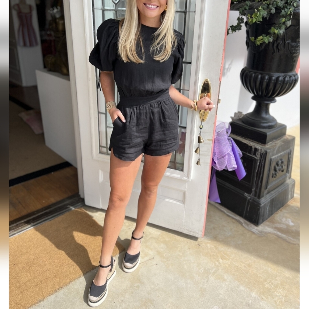 NWT The Femm Black Sofia Linen Puff Sleeve One Piece Romper